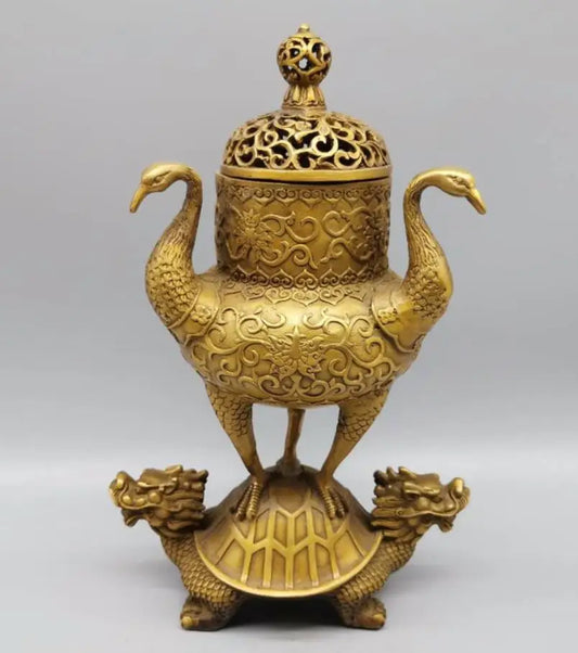 China brass Dragon turtle Crane incense burner crafts statue