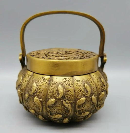 China brass Exquisite carving fish incense burner crafts statue