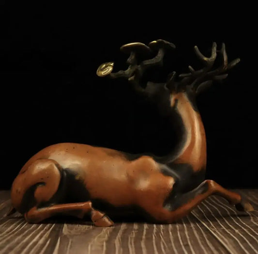 China brass Ganoderma lucidum Sika deer crafts statue