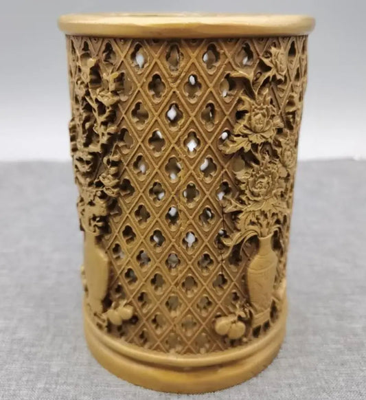 China brass Hollow out Sculpture flower Pen holder crafts statue