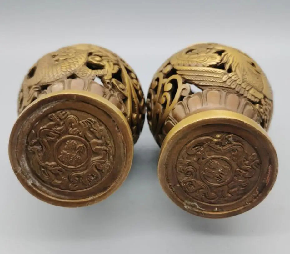 China brass Hollow out dragon phoenix vase crafts statue A pair