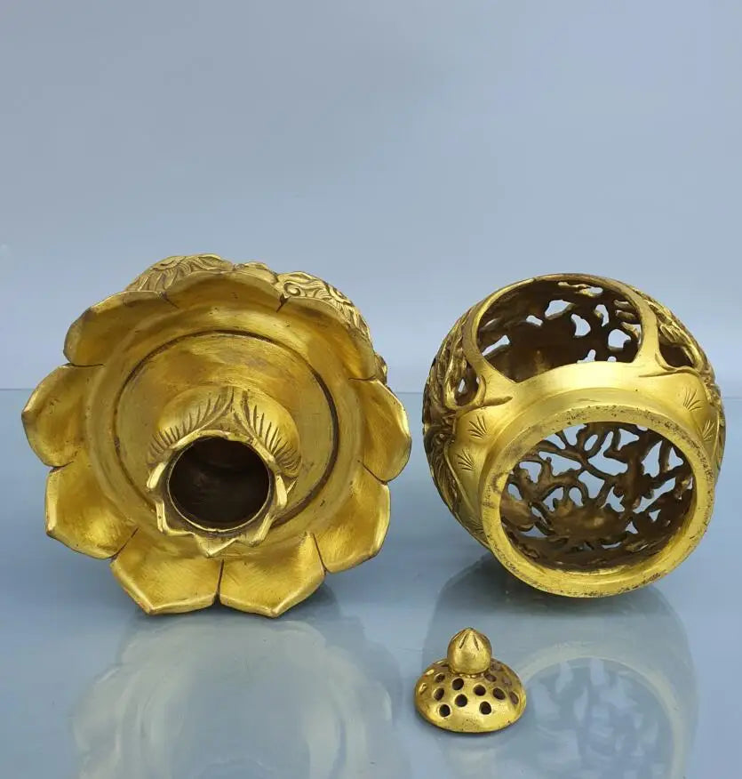 China brass Hollow out lotus Incense burner crafts statue