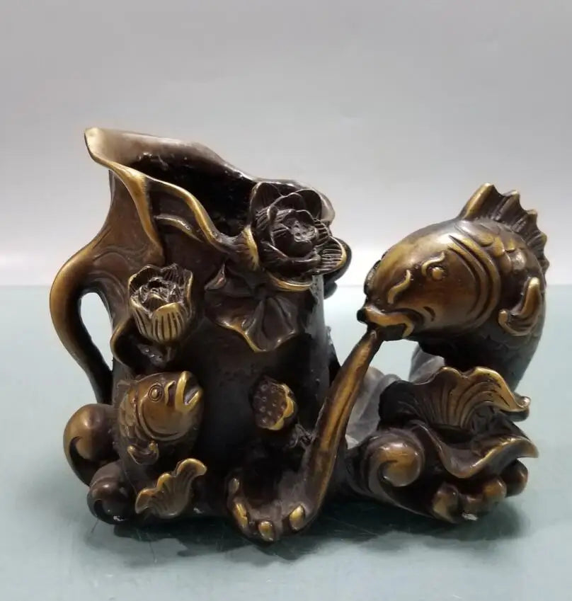 China brass Lotus leaf fish Pen holder crafts statue
