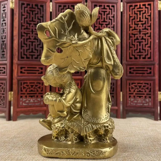 China brass Lotus leaf two fairy crafts statue