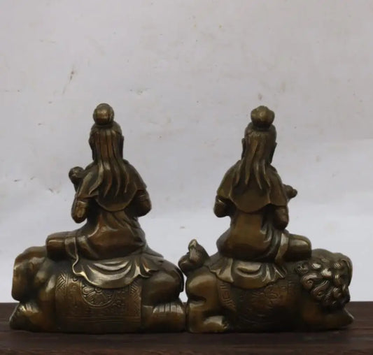 China brass Manjusri Samantabhadra bodhisattva Buddha statue A pair