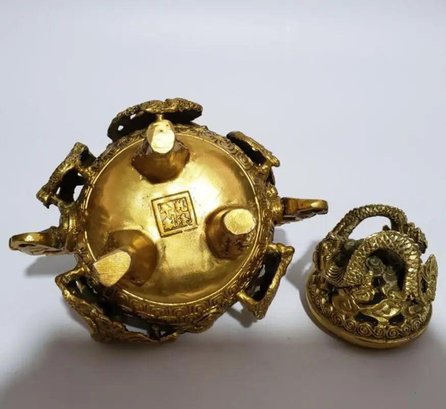 China brass Nine dragons incense burner crafts statue