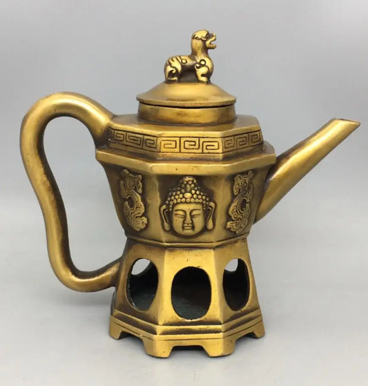 China brass archaize Buddha head teapot crafts statue