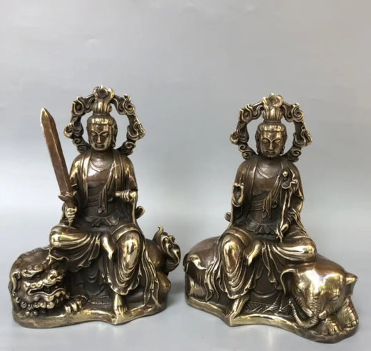China brass archaize Manjusri Guanyin and Samantabhadra Guanyin crafts statue
