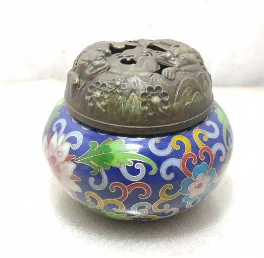 China brass archaize cloisonne Hollow out Twin lions Incense burner crafts statue