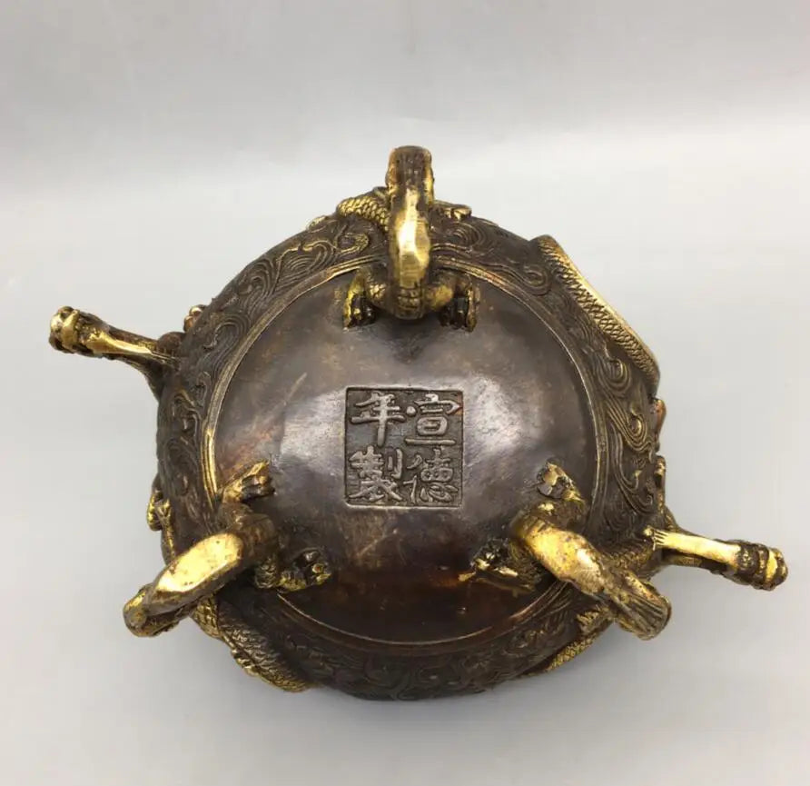 China brass archaize three foot dragon Incense burner crafts statue