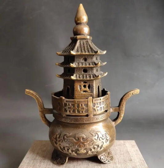 China brass archaize tower Incense burner crafts statue