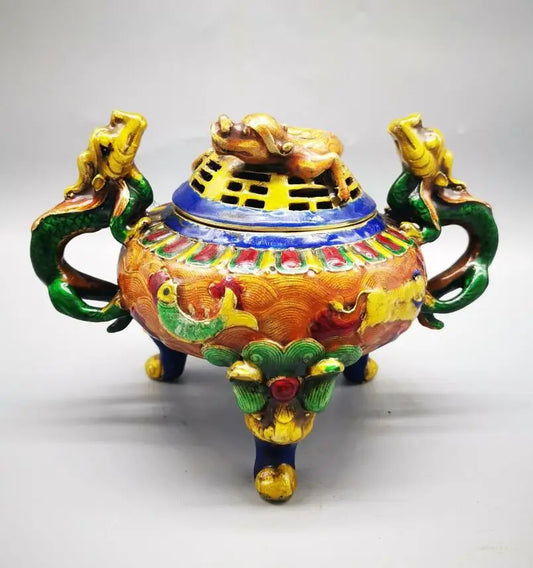 China brass cloisonne archaize double dragon Incense burner crafts statue