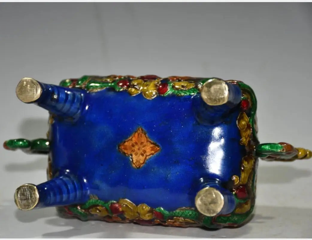 China brass cloisonne double dragon ear Incense burner crafts statue