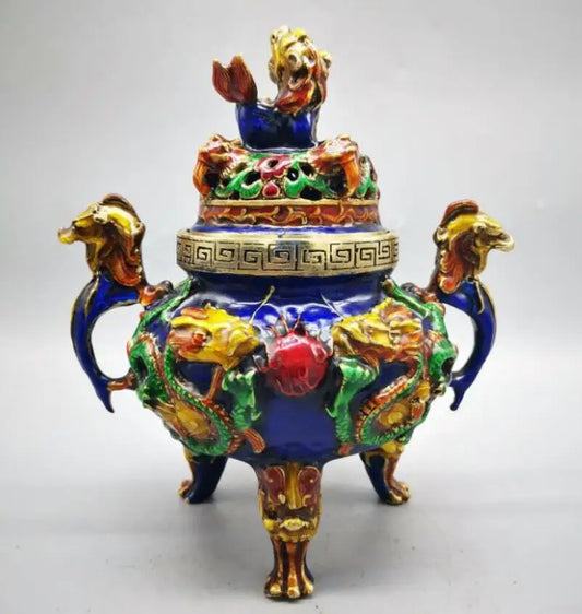China brass cloisonne double dragon ear incense burner crafts statue