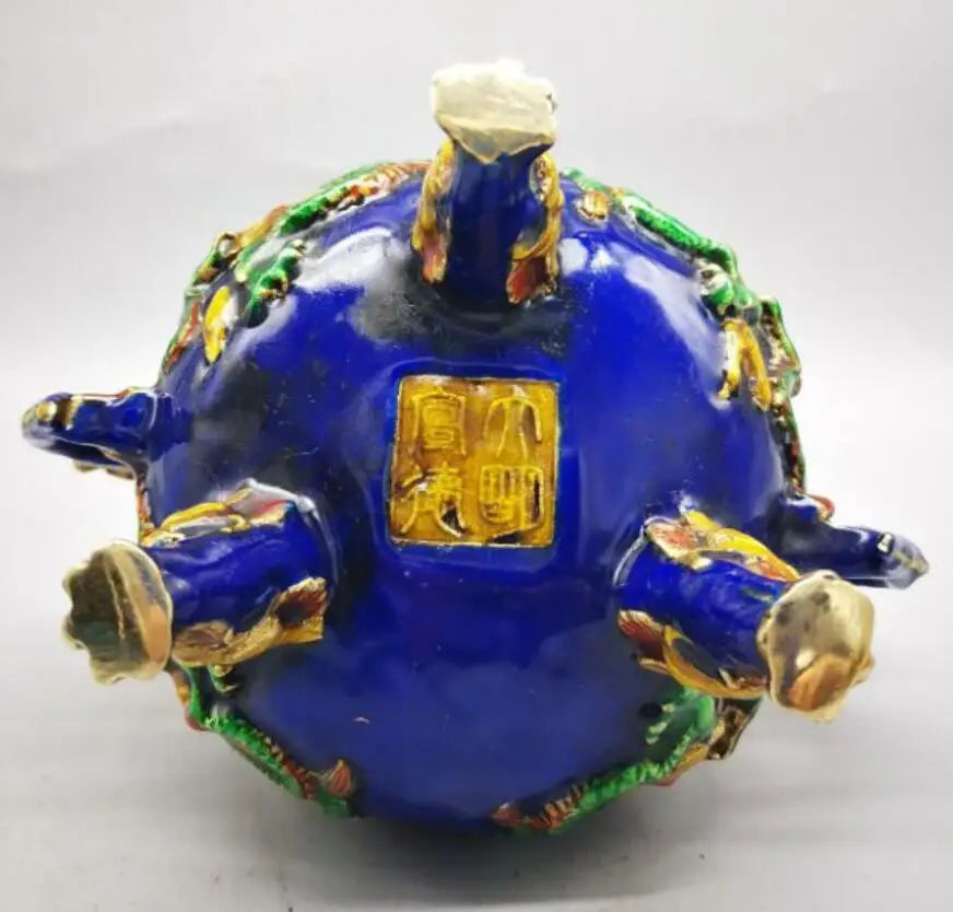 China brass cloisonne double dragon ear incense burner crafts statue