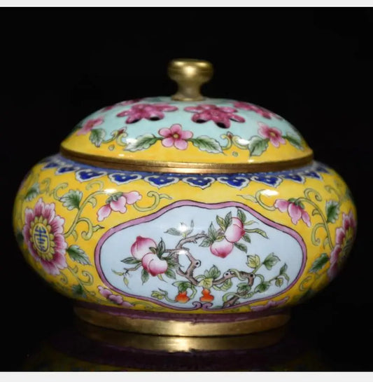 China brass cloisonne flowers Pattern Incense burner crafts statue