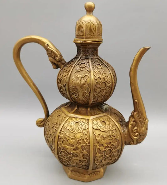 China brass dragon phoenix gourd wine pot crafts statue