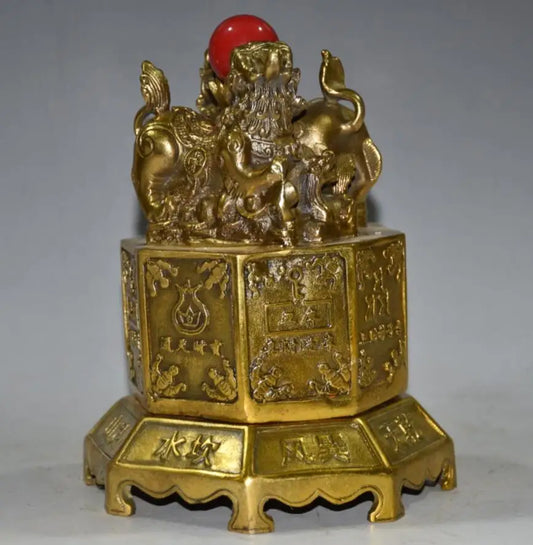 China brass eight trigrams double lion print chapter crafts statue