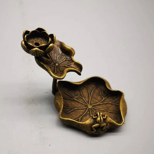 China brass frog Lotus leaf Backflow incense small crafts statue
