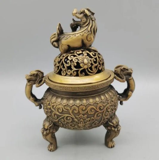 China brass lion lid Incense burner crafts statue