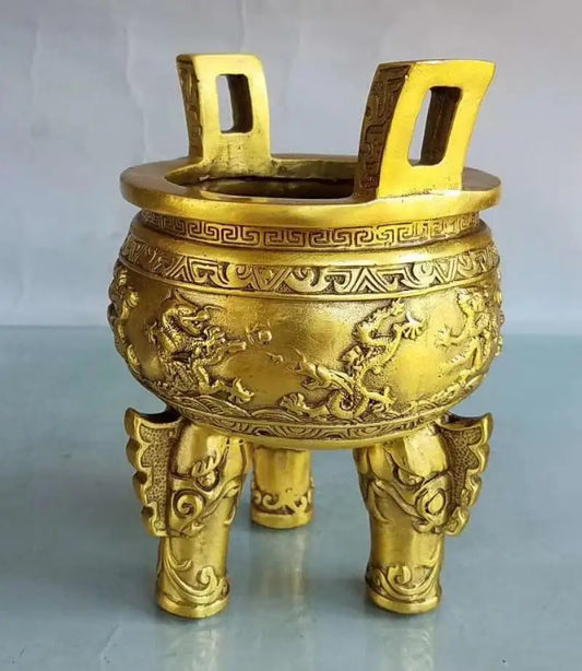 China brass seiko nine dragon tripod Incense burner crafts statue