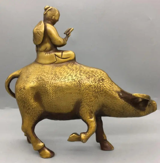 China brass shepherd boy Ride cow crafts statue
