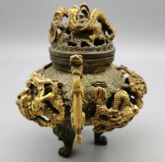 China bronze archaize nine dragon Incense burner crafts statue