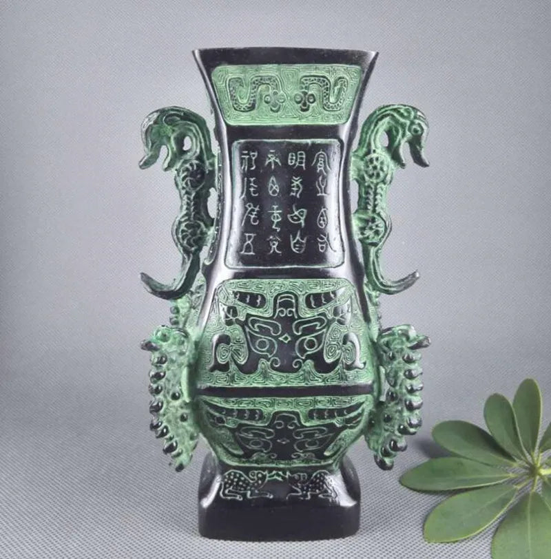 China bronze double dragon vase crafts statue