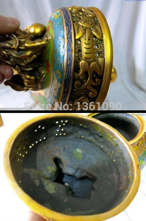 China bronze gold Cloisonne Buddhism Six Foo Dogs lions censer Incense