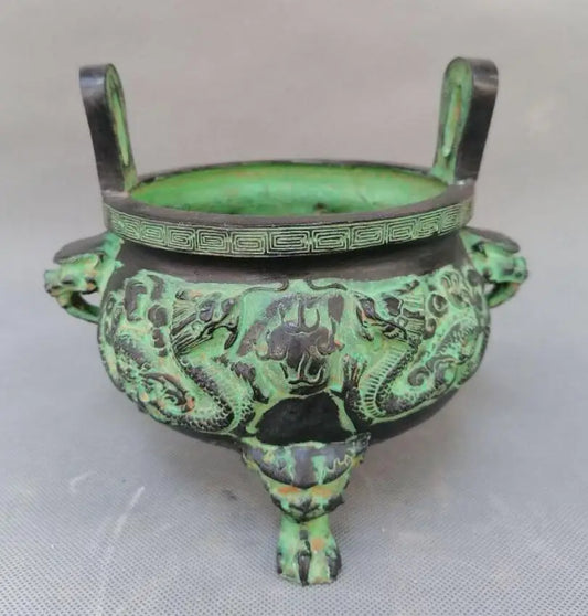 China bronze two dragon play bead Incense burner crafts statue