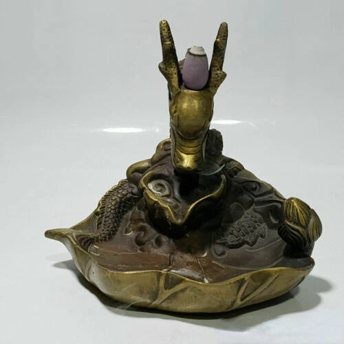 China old Antique brass Hand carved lucky Dragon statue incense burner