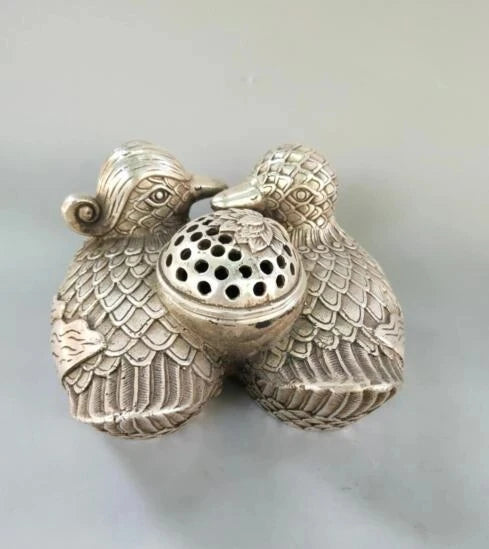 China pure white copper Mandarin duck incense burner crafts Statue