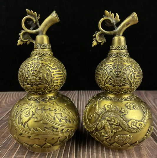 China seiko brass dragon phoenix gourd crafts statue A pair