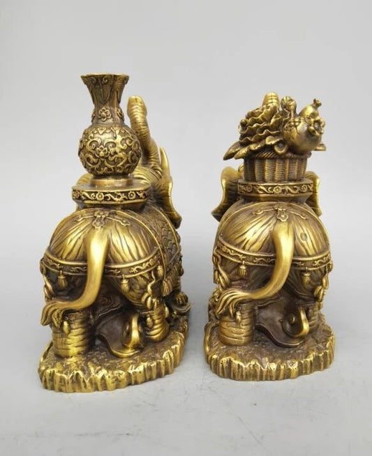 China seiko carving Pure brass elephant wealth A pair statue