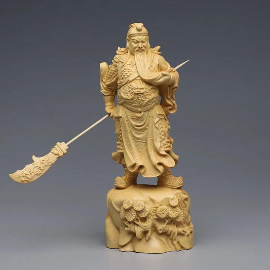 Chinese 18cm Boxwood Carving Wu God Guan Yu Statue God of Wealth Home Living Room Bedroom Decor Ornaments