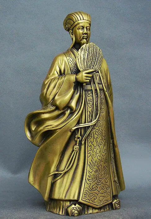 Chinese Ancient Brass Hold Fan Army Adviser Wisdom Strategist Zhu GeLiang Statue