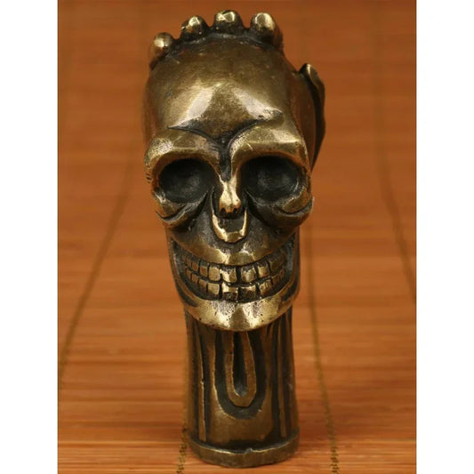Chinese Ancient Bronze Hand Carved Skull Statue Crutch Cane Head
