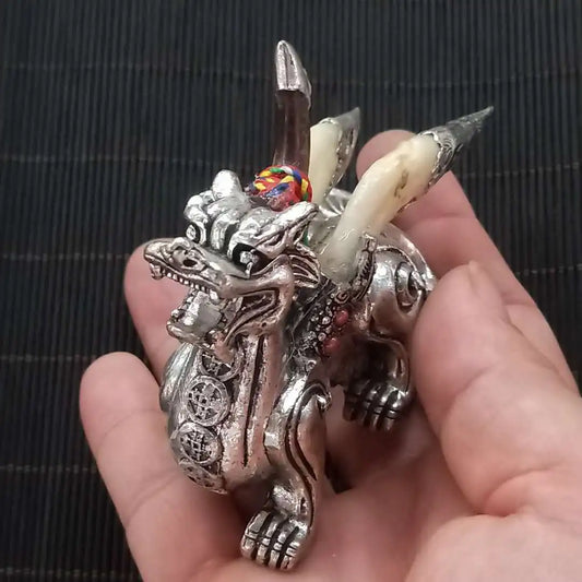 Chinese Antique Tibetan Silver Carving Kylin Statue Dragon Dog Tooth