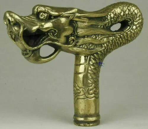 Chinese Brass Copper Hand carved Cane Walking Stick Head Handle Dragon Statue