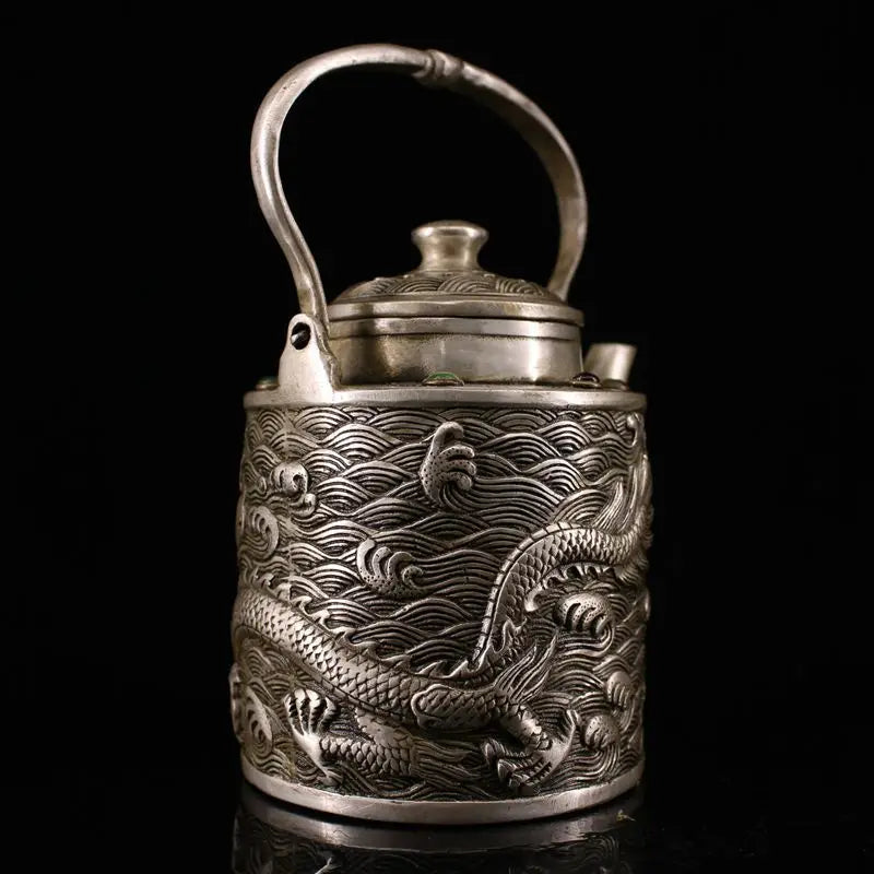 Chinese Brass Silver Lucky Dragon pattern Teapot Wine Pot Flagon kettle Statue