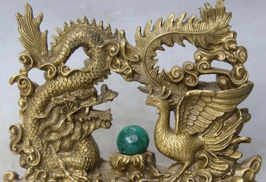 Chinese Bronze Fengshui Emperor Royalty Dragon Phoenix Sculpture Statue