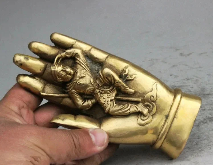 Chinese Buddhism brass Sun WuKong Monkey King Statue In Shakyamuni Buddha Hand