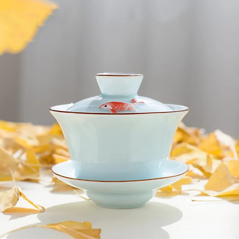 Chinese Ceramic Small Fish Gaiwan Teacup Travel Tea Bowl Handmade Celadon Teaware Accessories Drinkware Personal Cup 140ml