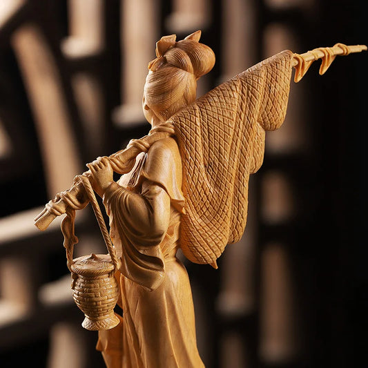 Chinese Culture Statue Beauty Fishing Boxwood Carving Character Wood Statue Home Decoration Features Chinese Ornaments