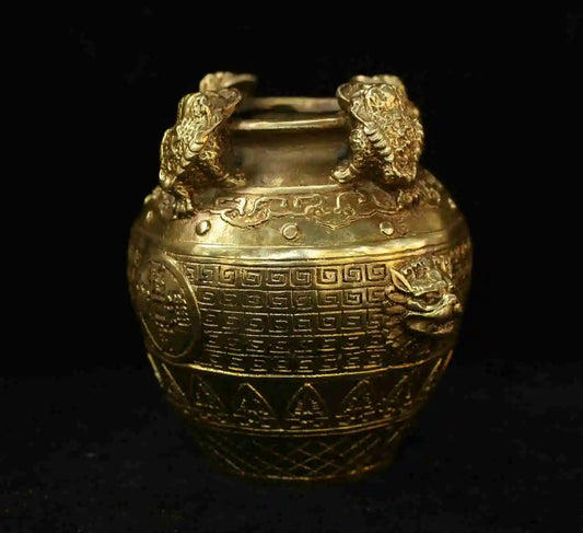 Chinese Folk Bronze Brass Wealth Lion Golden Toad Spittor Pot Jar Crock Statue Desk Decoration Home Accessories Collection