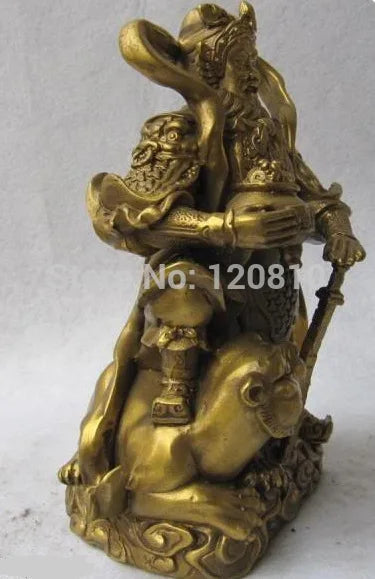 Chinese Folk Temple Refined Copper Brass Lucky Tiger God of wealth Buddha Statue