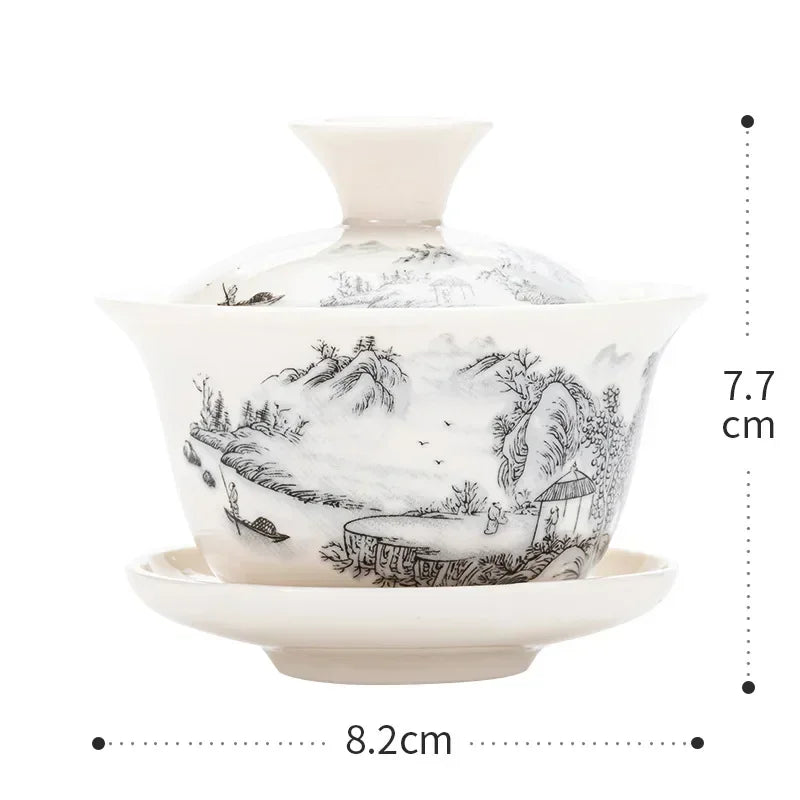 Chinese Gawian Ceramic Handcrafted Tea Tureen Set with Saucers Essential Teaware Authentic Gongfu Tea Bowl Cups