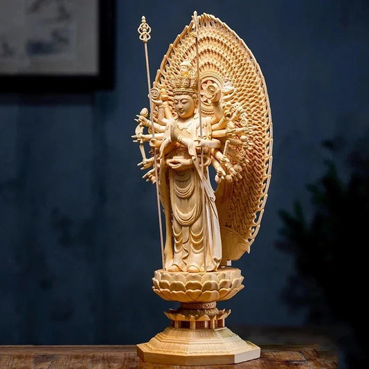 Chinese Large Solid Wood Guanyin Buddha Statue Thousand-Hand Sculpture Buddha Statue Home Decor