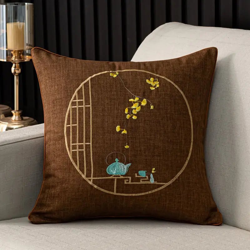 Chinese Linen Pillow, High-grade Embroidered, Solid Wood Sofa Cushion, Dining Chair Circle Back Cover, Removable and Washable