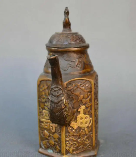 Chinese Old Bronze Carve Gilding Fulushou Beast Dragon Head Wine Pot Teapot